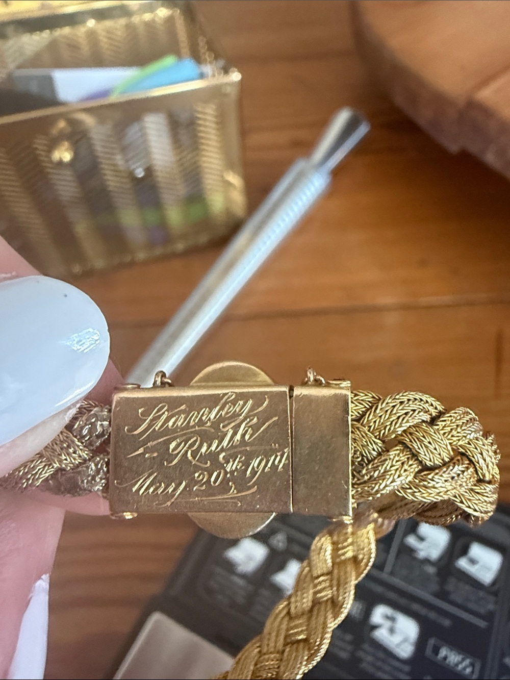 Antique 12 carat Braided Rope Bracelet. Inscribed Stanley - Ruth, May 20 1914.